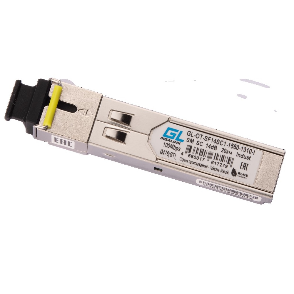 Модуль GIGALINK SFP, 100/155 Мбит/с, WDM, 1 ОВ, SM, 1xSC, Tx:1550/Rx:1310 нм, DDM, 14 дБ (до 20 км), -40 +85 °С GL-OT-SF14SC1-1550-1310-I