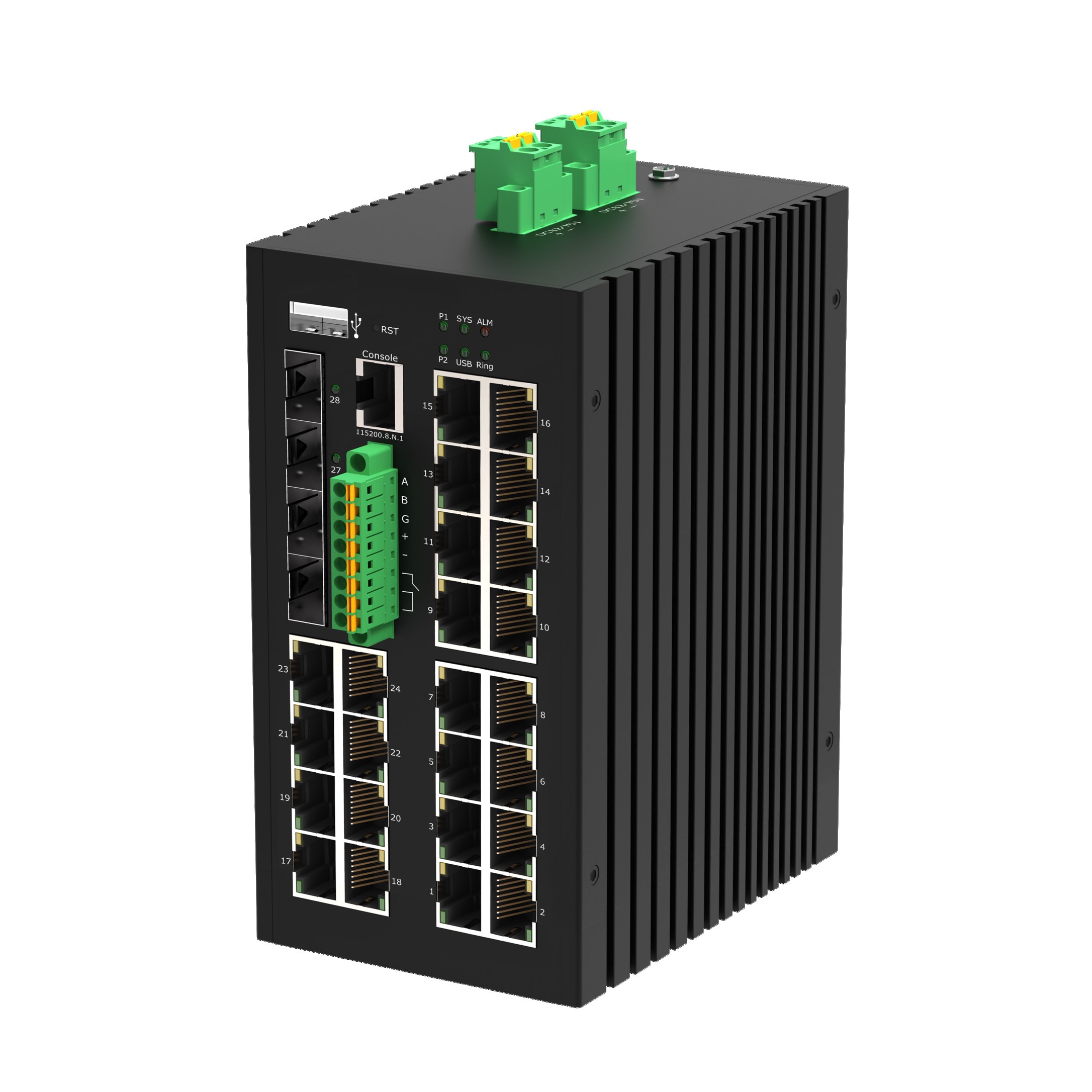 Управляемый промышленный L2+ коммутатор GIGALINK, 24*10/100/1000Мбит/с PoE (af/at), 4*1/2.5/10Гбит/с SFP+, Крепление на DIN-рейку, 2*ввода питания, питание 44-57В (блок питания 370Вт поставляется отдельно), -40С +70С.