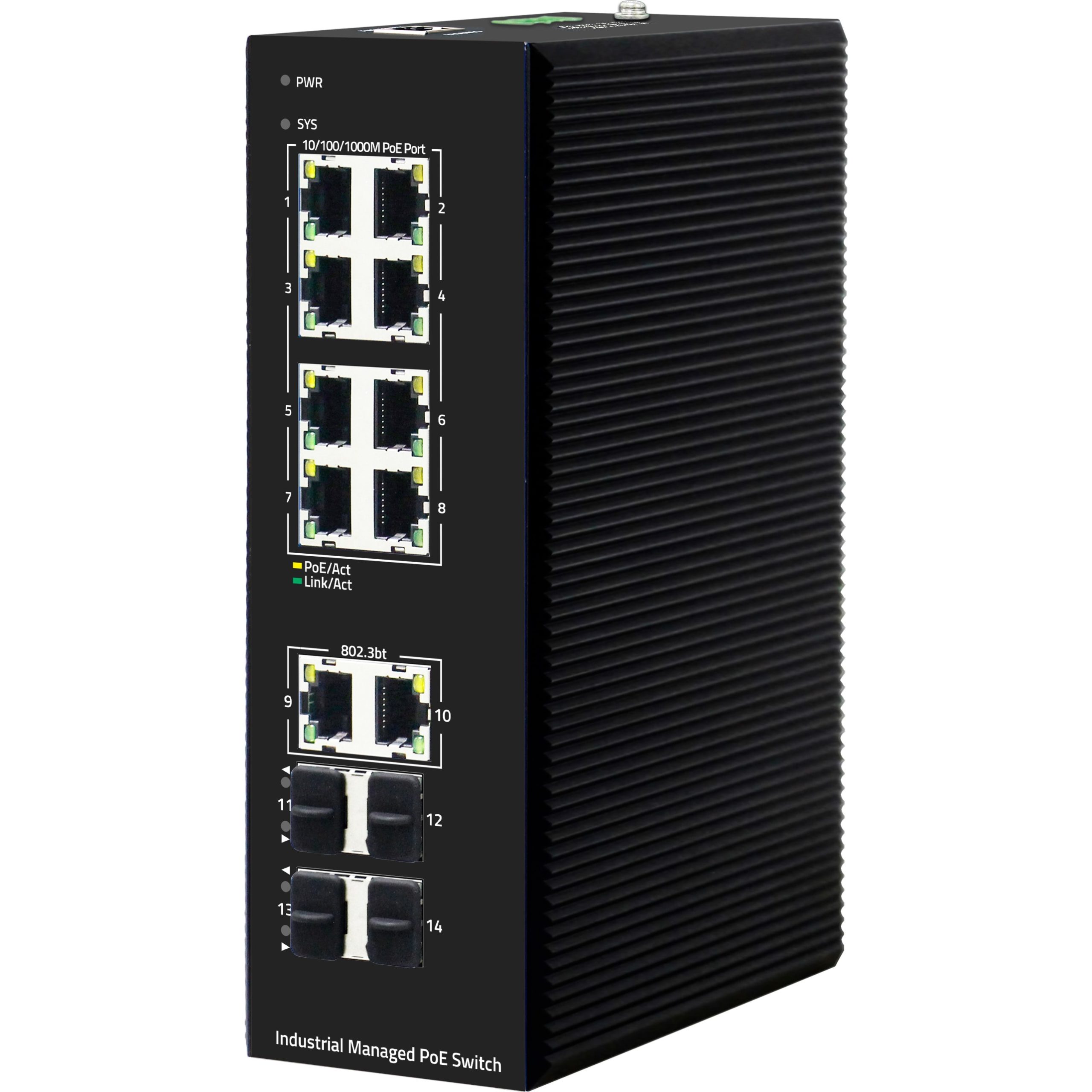 Коммутатор GIGALINK, L2, индустриальный на DIN рейку, 8 PoE 10/100/1000Мбит/с (af/at), 2 PoE 10/100/1000Мбит/с (BT), 2 SFP 1000Мбит/с, 2 SFP 2.5Гбит/с, 1 Console, питание 48В (блок питания поставляется отдельно 420 Ватт)