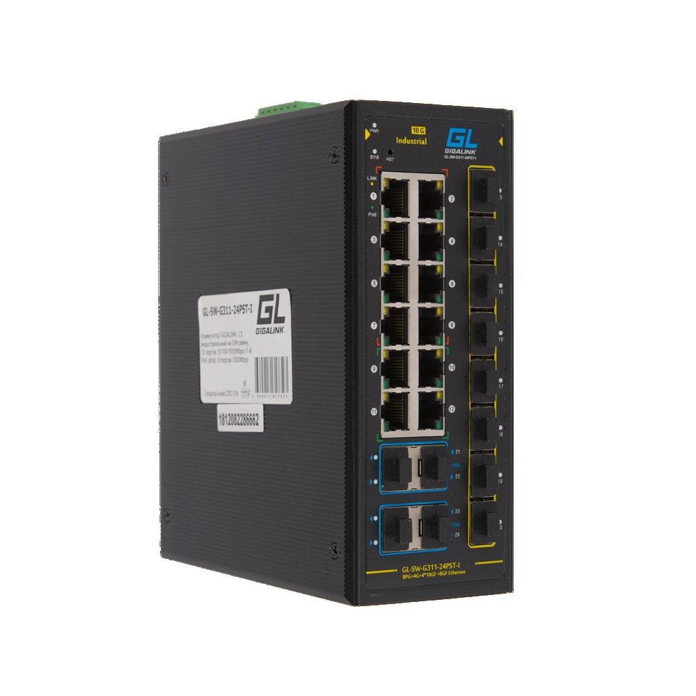 Коммутатор GIGALINK, L3, индустриальный на DIN рейку, 12x10/100/1000Мбит/с (1-8 PoE af/at), 8x1000Мбит/сSFP, 4x10Гбит/с SFP+, 1 Консольный RJ-45, питание 48В (блок питания поставляется отдельно 480 Ватт)