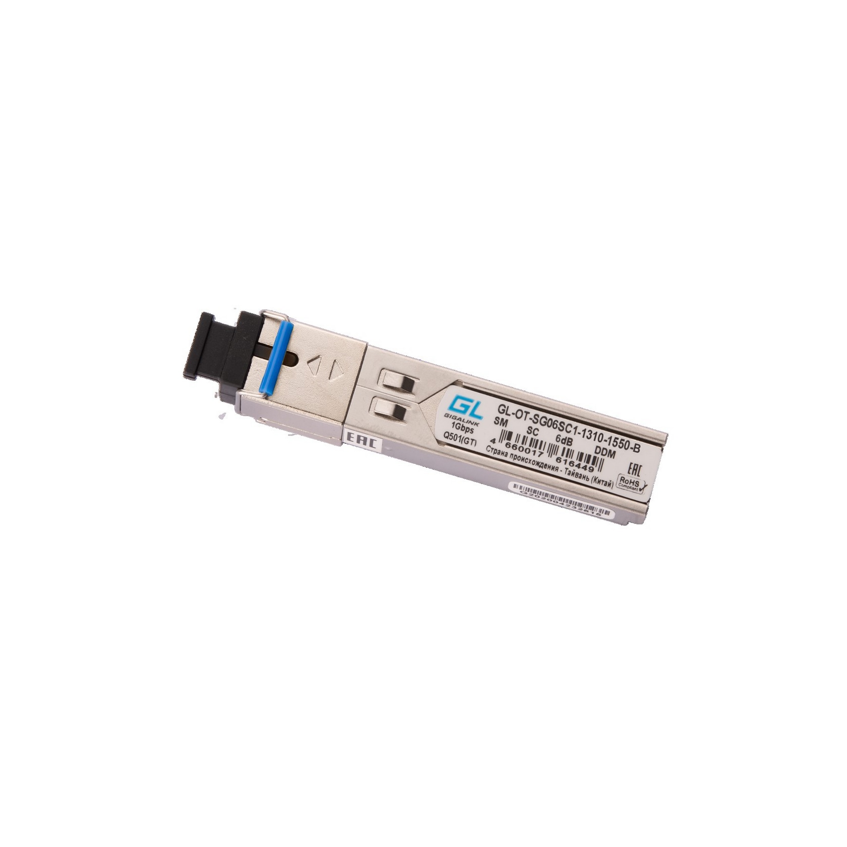 Модуль GIGALINK SFP, 1.25 Гбит/с, WDM, 1 ОВ, SM, 1xSC, Tx:1310/Rx:1550 нм, DDM, 6 дБ (до 3 км) GL-OT-SG06SC1-1310-1550-B